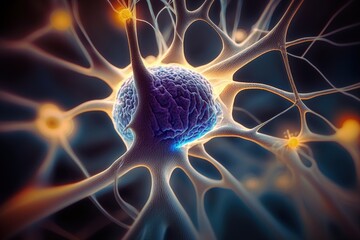 Close up of human brain showing neurons firing and neural extensions, limbic system Mammillary pituitary gland, amygdala thalamus, cingulate gyrus, corpus callosum, hypothalamus. - obrazy, fototapety, plakaty
