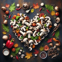 a heart shape made out of vegetables and herbs on a black surface