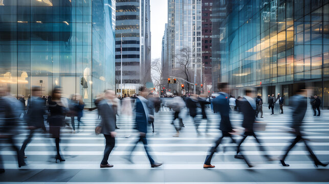 Blurry images of people moving through modern cityscapes, work and business concept - generative AI