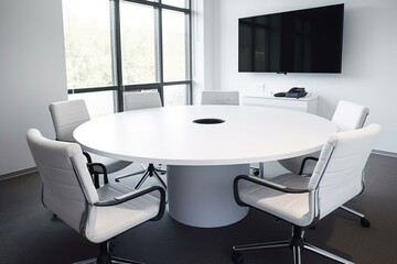 Fototapeta na wymiar Round table with white office chairs. Generative AI