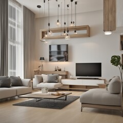 Living room in a bright modern house open floor plan minimalist style.