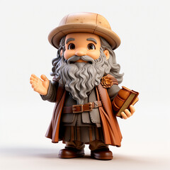 Adorable 3D cartoon Leonardo da Vinci portrait on a white background.