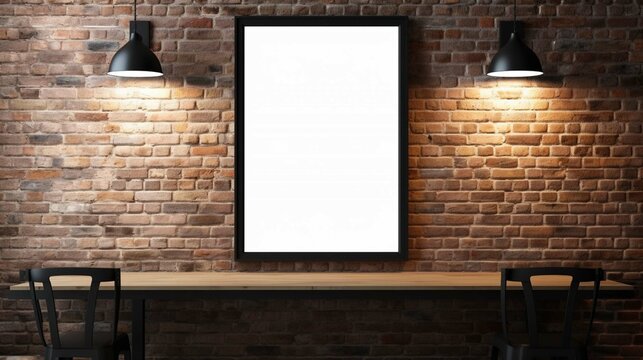Front view blank black menu frame on brick wall with lamp in loft cafe interior