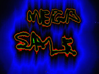 Illuminated MEGA SALE inscription. On a black background, the word in English is handwritten with colored neon lines. The black letters glow green-red around the edges, with a blue halo around them.