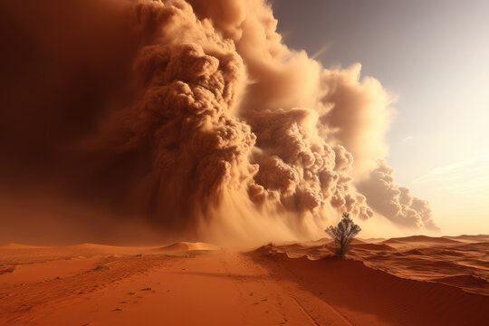 Dust storm overtaking desert landscape.