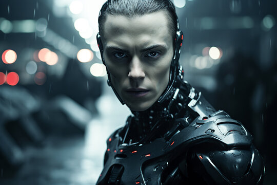 Generative AI illustration of determined male cyborg stands in a rain soaked city street at night illuminated by the soft glow of distant lights