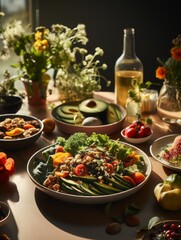 raw food meal on a table, fruit and vegetables, healthy eating  