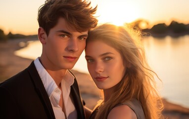 Love vibe couple on a holiday, South America, calm river at sunset