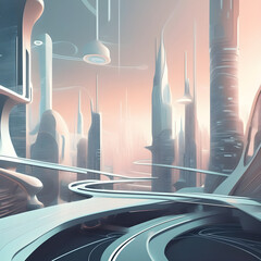 A futuristic cityscape with flowing lines and organic shapes