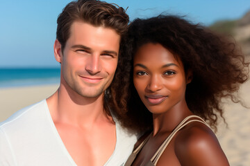 multiracial couple on the beach closeup, love. love and friendship concept. vacation.