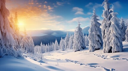 Impressive winter morning in Carpathian mountains with snow-covered fir trees. Colorful outdoor scene, Happy New Year celebration concept.
