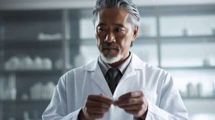 Generative AI image of asian mature scientist working in a laboratory.