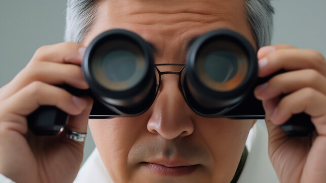 Generative AI image of asian older investigator using binoculars close-up.