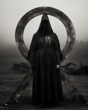 A dark atmospheric portrayal of a hooded figure standing in front of a large circular emblem in a foggy landscape. Generative AI.