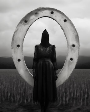 A haunting grayscale scene portraying a cloaked figure standing within a giant, distressed oval frame in a vast field. Generative AI.