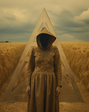 An enigmatic figure stands in vast golden fields, her face concealed within a geometric triangular shroud, emanating an air of mystery. Generative AI.