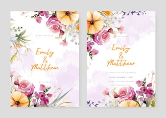 Yellow and pink poppy and rose elegant wedding invitation card template with watercolor floral and leaves