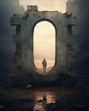 A lone figure stands framed by a monumental portal amidst a moody, misty landscape, masterfully created via Generative AI.