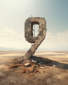 A vast desert horizon frames an abandoned structure shaped like the number nine, crafted uniquely by Generative AI.