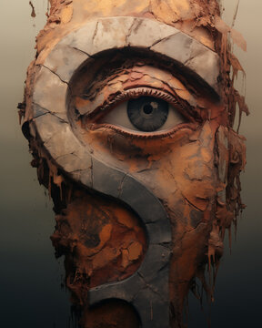 A meticulously detailed eye appears within a deteriorating sculpture, emanating depth and emotion, as envisioned by Generative AI.