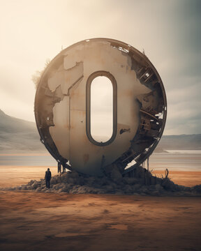 A colossal zero-shaped monument stands prominently in a deserted terrain, showcasing the brilliance of Generative AI.