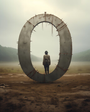 A solitary individual stands before a vast circular gateway, with sharp protrusions amidst a foggy setting, artfully crafted by Generative AI.
