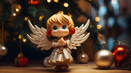 New Year souvenirs, christmas angel, winter angel statuette, Christmas lights, winter holidays concept, Merry Christmas and Happy New Year background, Holiday presents, present gift box