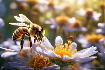 A Honey Bee is sitting on a flower in the garden.