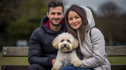 A couple sitting on a park bench with their pet dog a bichon frise