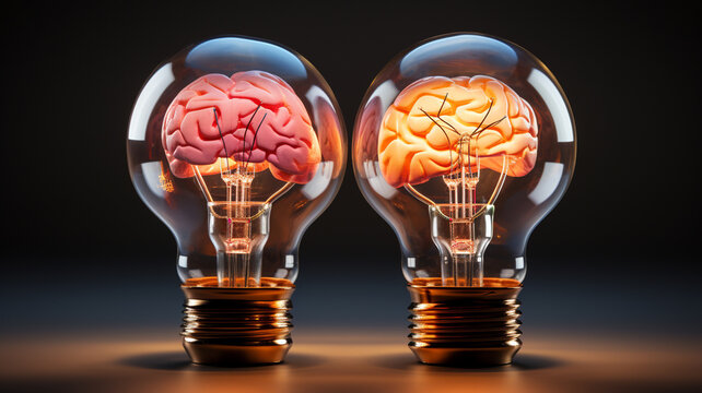 Concept of brilliant minds. Cooperation in work and thought. Brains working together. Concept of minds generating ideas. Conceptual image of brain working. Spotlights illuminated by imaginative minds