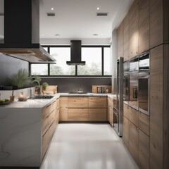 Fototapeta na wymiar Modern Kitchen Interior with Kitchen Appliances and Dining Table