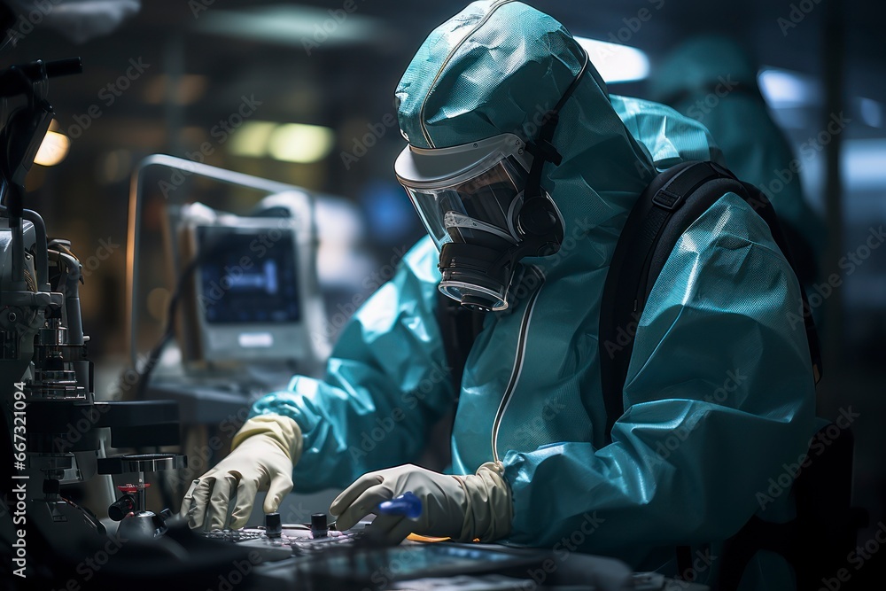 Poster a lab technician in a protective suit handling flu virus samples in a high-tech laboratory.