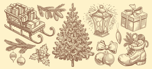 Christmas, New Year set of retro objects in sketch style. Happy holidays concept. Vintage hand drawn vector illustration