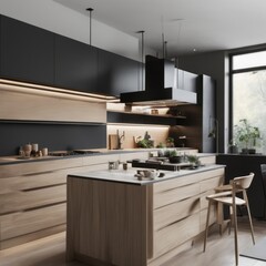 Fototapeta premium Modern Kitchen Interior with Kitchen Appliances and Dining Table