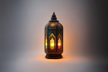 An ornamental Arabic lantern with colorful glass glowing on a studio background, a greeting for Ramadan and Eid.