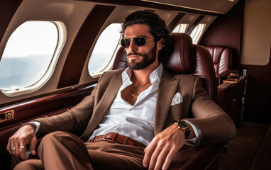 Man in a luxury charter plane enjoying life