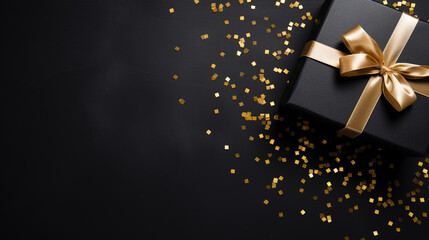 Black and Gold Gift box for the Black Friday sale background top view with gold ribbon and copy space - Powered by Adobe