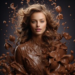 Young woman as if bathed in liquid chocolate