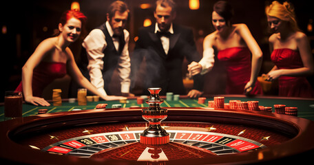 Group of rich people in evening gowns is playing roulette in the casino. Friends gambling poker roulette in casino. Gangsters betting in the casino - obrazy, fototapety, plakaty