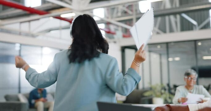 Headphones, music and business woman dance and walking to high five employee excited. Comic, happy and team success with a office person listening and dancing with a smile at work in the morning