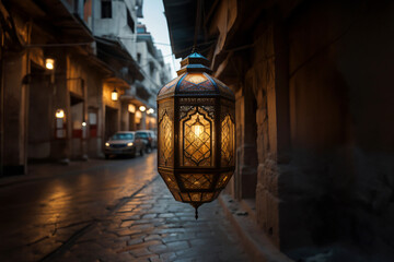 Fototapeta na wymiar An ornamental Arabic lantern with colorful glass glowing. The blurred city showing in the background. A greeting for Ramadan and Eid.