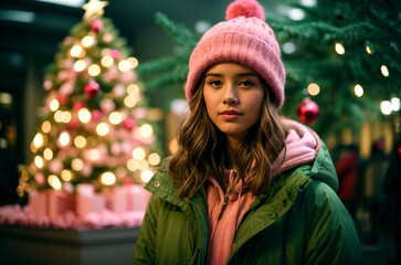 A young woman in winter attire stands before a brightly lit Christmas tree, evoking the warm, festive atmosphere of the holiday season. Captures the essence of the holiday spirit.