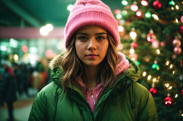 A young woman in winter attire stands before a brightly lit Christmas tree, evoking the warm, festive atmosphere of the holiday season. Captures the essence of the holiday spirit.