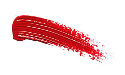 Red glossy lipstick texture stroke isolated on white background. Cosmetic product smear smudge...