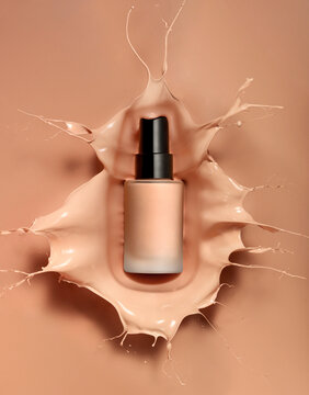 Foundation product bottle splashes in liquid foundation composition background. BB CC Cream Concealer texture. Cosmetic product swatch
