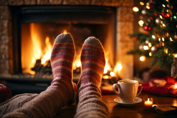 Feet in striped woollen socks resting near a warm fireplace, with a cup of coffee and a Christmas tree in the background.  Captures a cozy and festive atmosphere