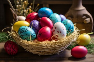 Easter-themed. Various bright eggs on a wooden table. Generative AI