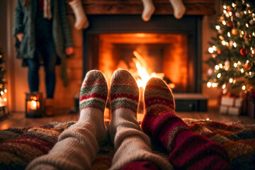 Two people’s feet, clad in colorful socks, warming by a fireplace near a decorated Christmas tree which captures a cozy and festive atmosphere.