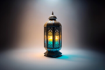Naklejka premium An ornamental Arabic lantern with colorful glass glowing on a studio background, a greeting for Ramadan and Eid.