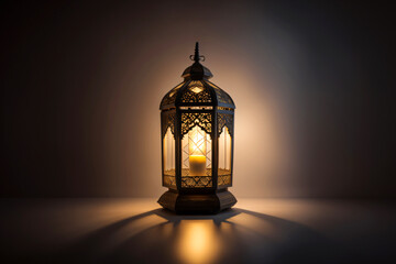 An ornamental Arabic lantern with colorful glass glowing on a dark background, a greeting for Ramadan and Eid.